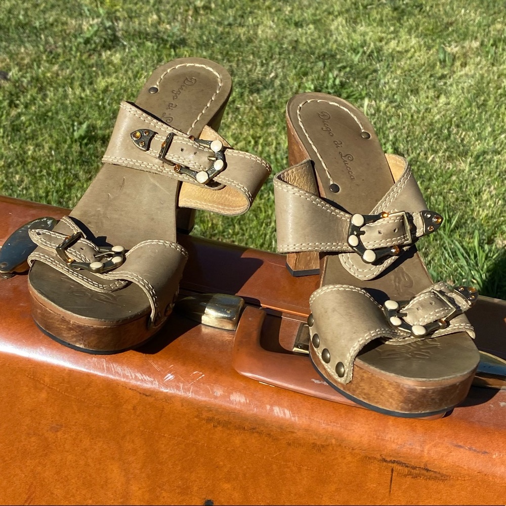 Olive green high heel clogs